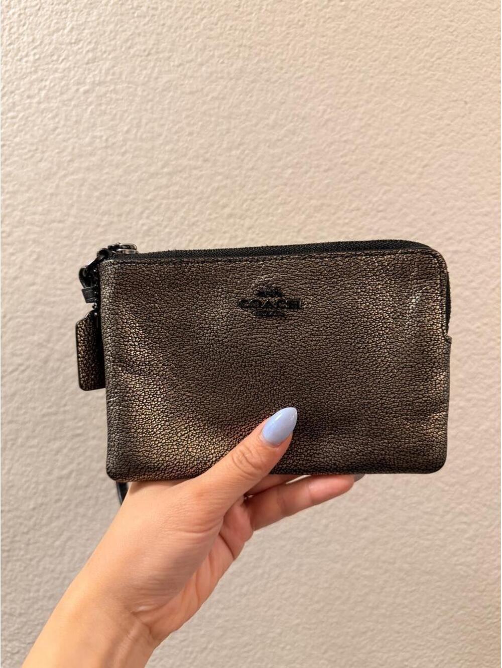 Coach Bronze/Black Leather Wristlet with Zipper Closure